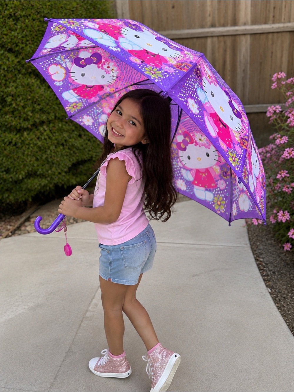 Hello Kitty Purple and Pink Full Size Umbrella Curved Handle Whistle Detail New